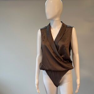 Brown Satin Surplice Thong Bodysuit
